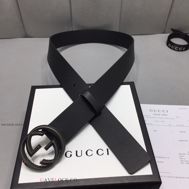 Gucci Leather Men's Belt Black Metal Interlocking GG Buckle Gucci Leather Men's Belt Black Metal Interlocking GG Buckle